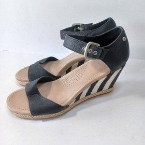 Ugg Sz 7.5 Atasha Black Cream Leather Espadrille Wedge Heel Sandal Comfort